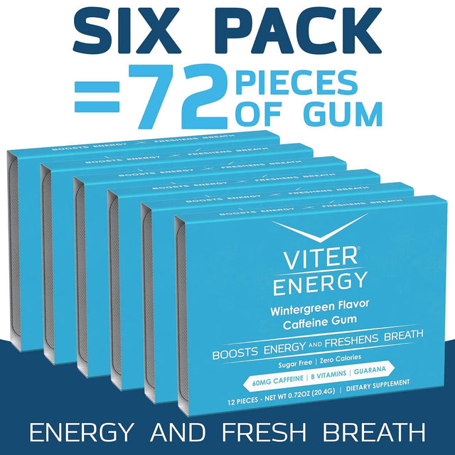 Viter Energy Caffeinated Gum 60Mg Caffeine, B Vitamins, Guarana, Sugar Free. (Wintergreen, 12Pcs, 6 Pack)