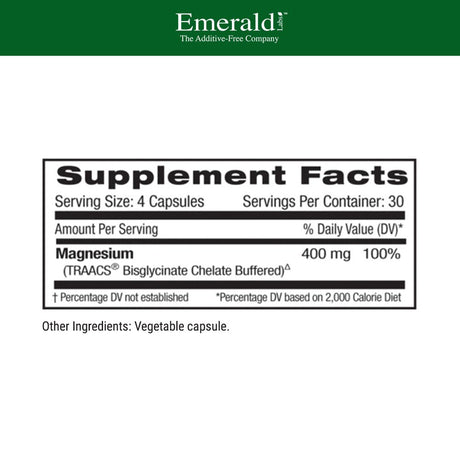 Emerald Labs Magnesium 400Mg (Pure Albion) Gold Standard Bioavailability - 120 Vegetable Capsules