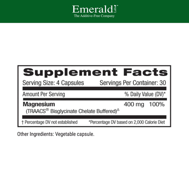 Emerald Labs Magnesium 400Mg (Pure Albion) Gold Standard Bioavailability - 120 Vegetable Capsules