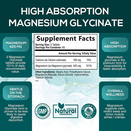 Magnesium Glycinate 425Mg High Absorption Chelated Capsules - Support for Sleep, Leg Cramps, & Muscle Relaxation - Highly Bioavailable & Non Buffered Supplement - Non-Gmo & Vegan - 120 Capsu