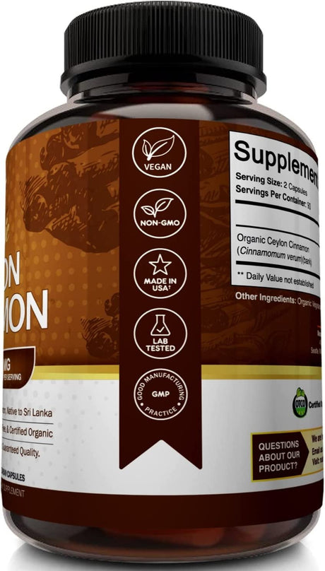 Nutriflair Organic Ceylon Cinnamon Supplement 1200Mg, 180 Capsules - USDA Certified Organic Cinnamon - Non-Gmo, Gluten Free Cinnamon Powder, Antioxidant Cinnamon Pills - Supports Glucose Metabolism