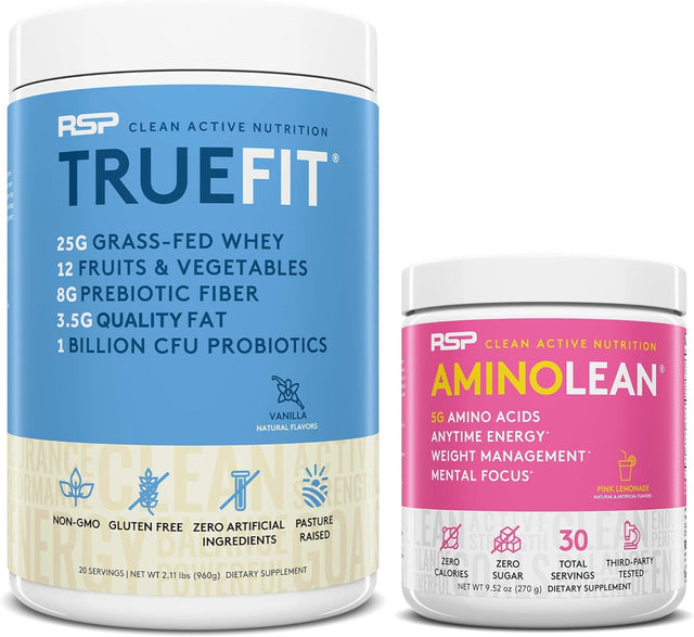 RSP NUTRITION Truefit Protein Powder (Vanilla 2 LB) with Aminolean Pre Workout Energy (Pink Lemonade 30 Servings)