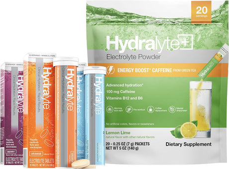 Hydralyte Electrolyte Hydration Tablets with Energy Bundle | Energy Boost Lemon Lime Electrolyte Powder (20) Count | Variety Pack Tablets Orange, Lemonade, & Berry, (60) Count