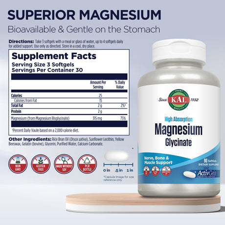 KAL Magnesium Glycinate Activgels 315Mg, High Absorption Magnesium Supplement for Muscle, Nerve & Bone Health Support, Non-Gmo, Gluten Free, 30 Servings, 90 Softgels