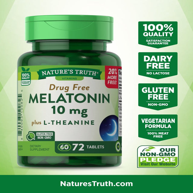 Melatonin 10 Mg + L-Theanine | 72 Tablets | Maximum Strength Nighttime Sleep Aid | Vegetarian, Non-Gmo, Gluten Free | by Nature'S Truth