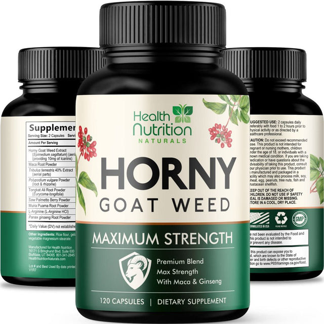 Extra Strength Horny Goat Extract for Men & Women - 1590Mg 3X Strength, Performance, Energy, Stamina with Maca, Saw Palmetto, Ginseng, L-Arginine & Tongkat Hornygoatweed Supplement - 120 Capsules