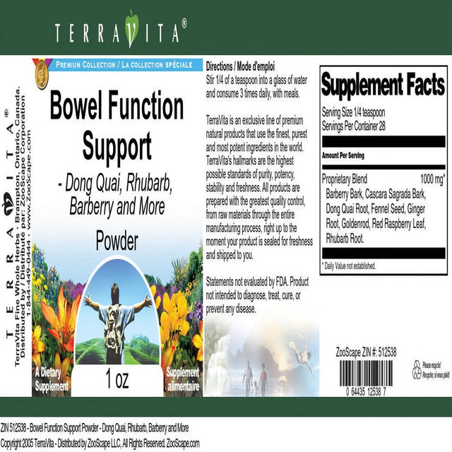 Terravita Bowel Function Support Powder - Dong Quai, Rhubarb, Barberry and More, (1 Oz, 1-Pack, Zin: 512538)