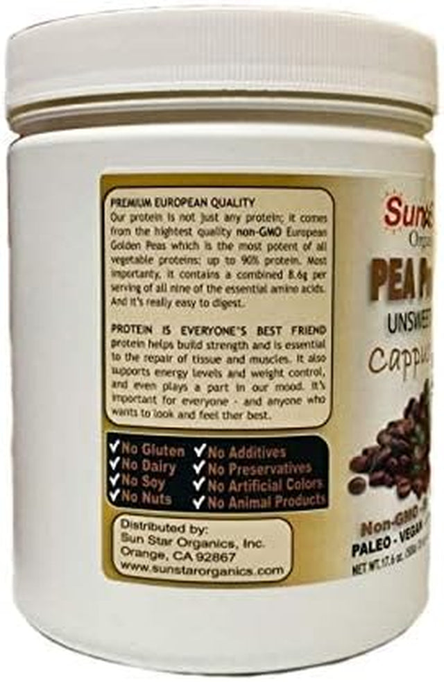 Pea Protein Powder - Unsweetened - Cappuccino with Coffee Powder & Vanilla Extract, Soy Free, Non-Gmo 17.6 Oz