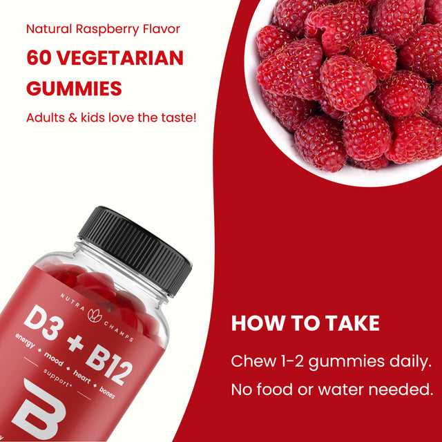 Nutrachamps Vitamin D3 & Vitamin B12 | Methyl B12 Gummies for Adults & Kids | Enhanced with Vitamin D 3 & B9 Vitamin Folate | Natural Energy, Mood, Metabolism & Focus | Raspberry | 60 Gummies