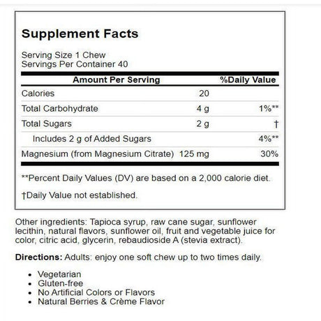 Carlson Magnesium, Natural Berries & Creme, 125 Mg, 40 Vegetarian Soft Chews