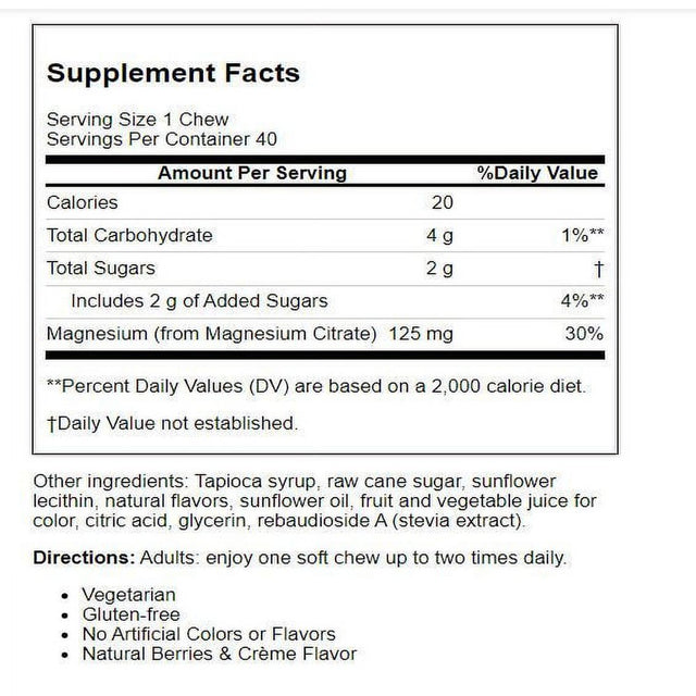 Carlson Magnesium, Natural Berries & Creme, 125 Mg, 40 Vegetarian Soft Chews