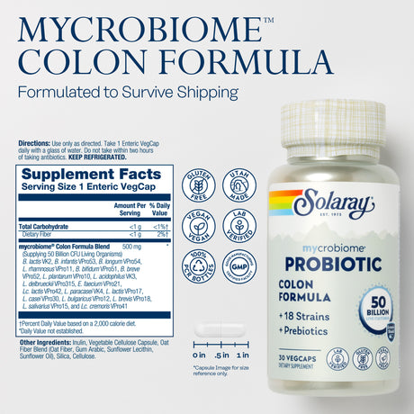 Solaray Mycrobiome Probiotic Colon Formula | Formulated to Support Healthy Intestinal & Colon Function, Immunity & More | 50 Billion CFU | 30 Vegcaps