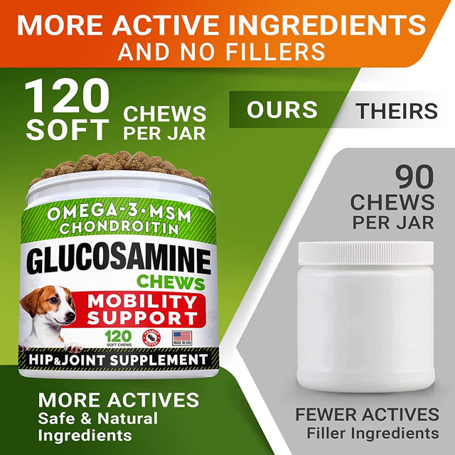 Glucosamine Treats for Dogs - Joint Supplement W/Omega-3 Fish Oil - Chondroitin, MSM - Advanced Mobility Chews - Joint Pain Relief - Hip & Joint Care - Made in USA