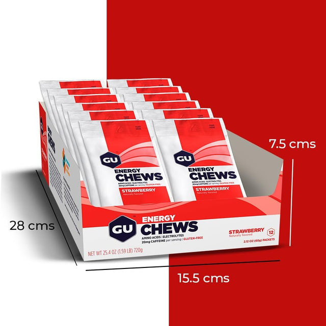 GU Energy Chews, Strawberry Energy Gummies with Electrolytes, Vegan, Gluten-Free, Kosher, and Dairy-Free On-The-Go Energy for Any Workout, 12 Bags (24 Servings Total)