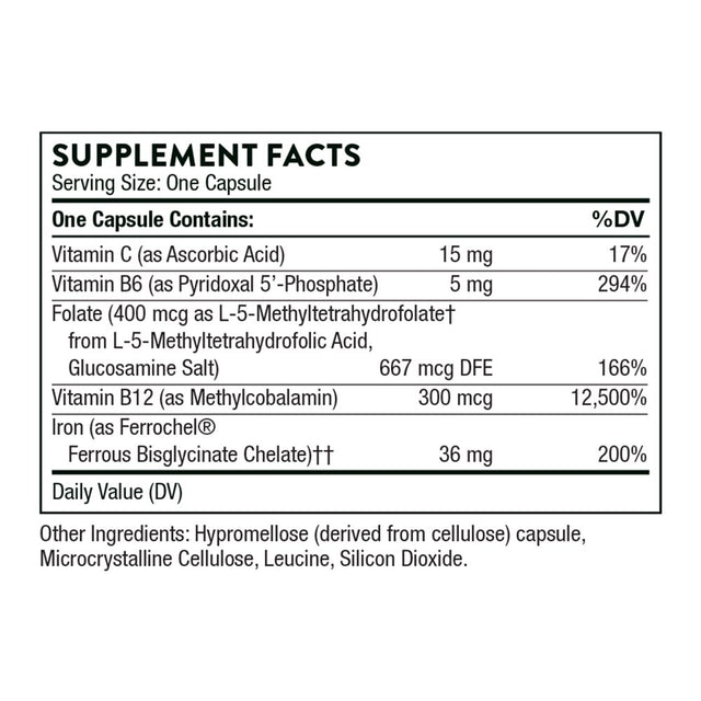 Thorne Ferrasorb, 36 Mg Iron with Essential Nutrients, Complete Blood-Building Formula, Elemental Iron, Folate, B and C Vitamins for Optimal Absorption, Gluten-Free, 60 Capsules