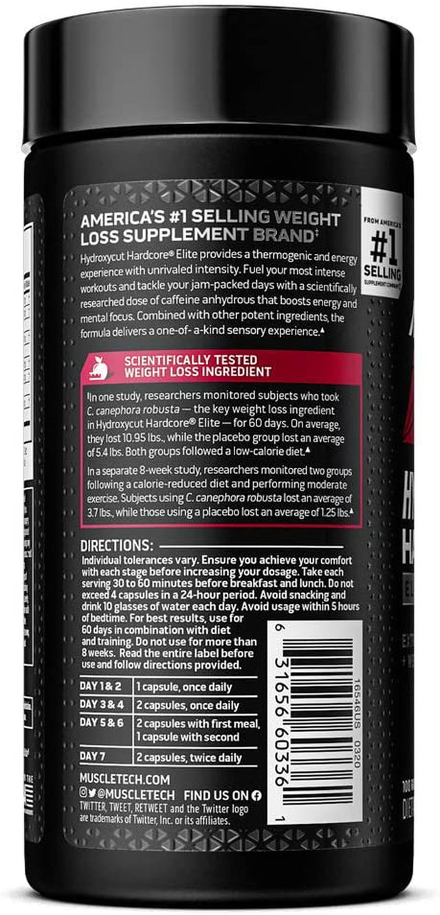 Hydroxycut Hardcore Elite - Maximum Intensity Supplement Pills - Focus + Energy Pills - 2 Packs of 100 Pills