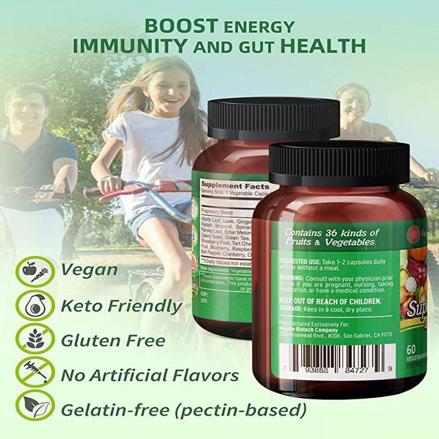 Fruits and Veggies Supplement, Made from 36 Superfood Ingredients, 2 Months Supply per Bottle, Improve Constipate, Gut & Digestive Health, Supports Balanced Nutrition