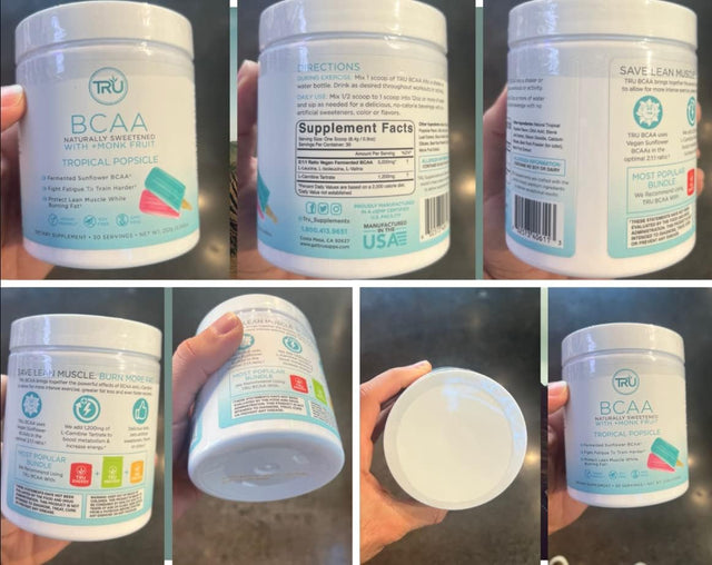 TRU BCAA, Plant Based Branched Chain Amino Acids, Vegan Friendly, Zero Calories, No Artificials Sweeteners or Dyes, 30 Servings, Tropical Popsicle