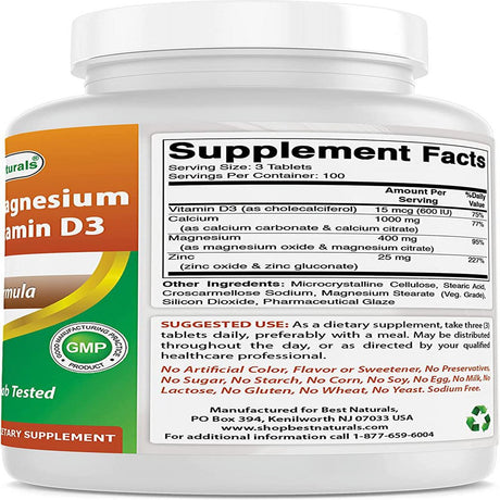 Best Naturals Calcium Magnesium Zinc with Vitamin D3, 300 Tablets - Calcium 1000 Mg, Magnesium 400 Mg, Zinc 25 Mg & D3 600 IU per Serving (3 Tablets)