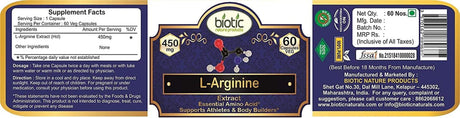 Biotic L-Arginine/L Arginine Capsules 450 Mg - 60 Veg Capsules for Muscle