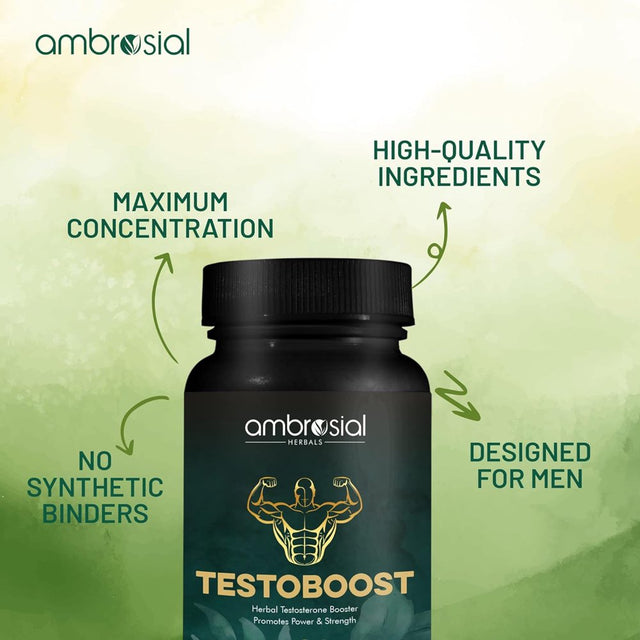 Ambrosial Testoboost Ultra Premium Herbal Testosterone Booster for Men | Blend of 3 Natural Herbs Testosterone Supplements for Men|60 Vegan Capsules