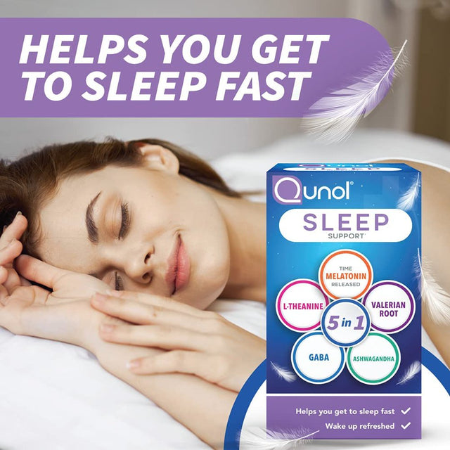 Qunol Sleep Support, 5 in 1 Non-Habit Forming Sleep Aid, Supplement with Time-Released Melatonin 5Mg, Ashwagandha, GABA, Valerian Root, L-Theanine, 30Ct Capsules