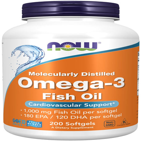 NOW Supplements, Omega-3 180 EPA / 120 DHA, Molecularly Distilled, Cardiovascular Support*, 200 Softgels