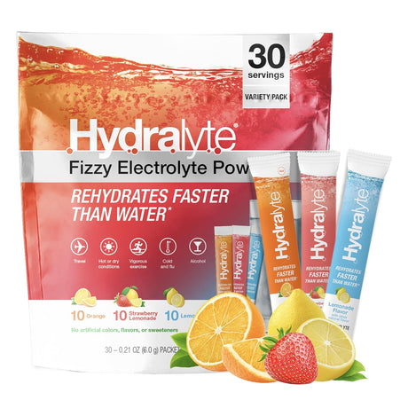 Hydralyte Low Sugar Rapid Rehydration - Lightly Sparkling Electrolyte Powder Packets, 8 Oz Serve | Variety Hydration Packets | Hydration for Heat, Travel, Exercise and Bachelorette Parties (30 Count)