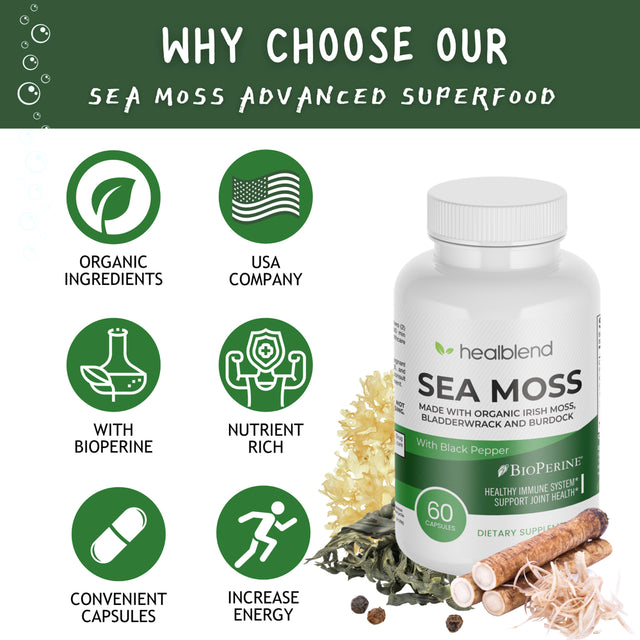 Healblend Organic Irish Moss, Bladderwrack, Burdock, & Bioperine - 1405Mg with Black Pepper - Natural Wellness and Detox Support Supplement - 60 Capsules