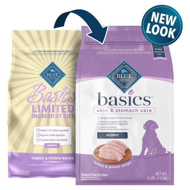 Blue Buffalo Basics Skin & Stomach Care Turkey and Potato Dry Dog Food for Puppies, Whole Grain, 4 Lb. Bag