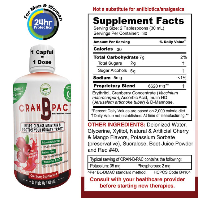 Cran-B-Pac - Urinary Tract Health Cranberry Concentrate Liquid W/Low Sugar & Vitamins, Maintenance against Utis, All Natural & Non GMO, High Concentration Juice Supplement, 36 Mg, 30 Ounce