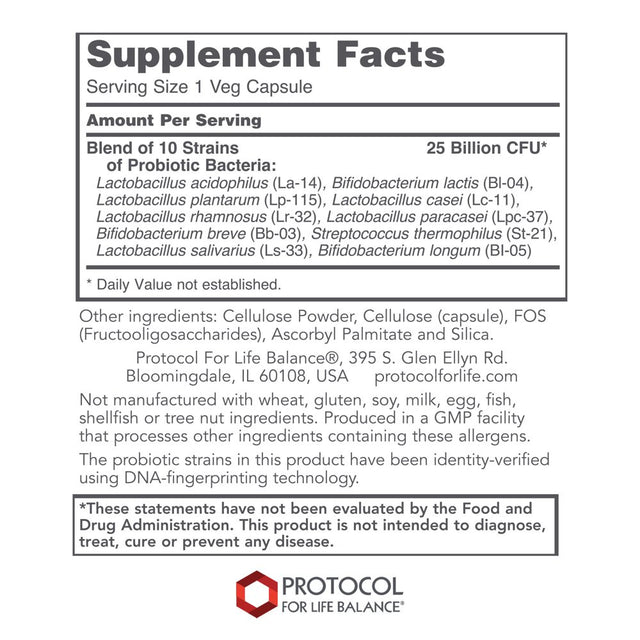 Protocol for Life Balance - Protodophilus - 25 Billion, 10 Strains - Healthy Intestinal Probiotic Flora to Support Digestive Function and Immune Health - 50 Veg Capsules