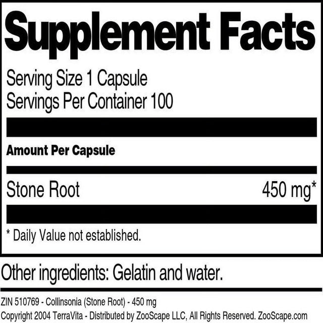 Terravita Collinsonia (Stone Root) - 450 Mg, (100 Capsules, 1-Pack, Zin: 510769)