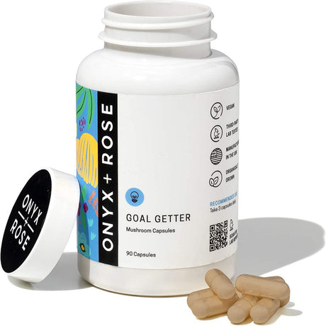 Onyx + Rose - Goal Getter Mushroom Capsules: Focus Blend 50% Lion'S Mane, 25% Cordyceps, and 25% Reishi. Nootropic Supplement for Brain, Focus, Calm and Energy