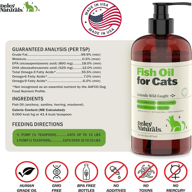 Deley Naturals Wild Fish Oil Liquid Food Supplement for Cats - Supports Skin, Immune System, 16 Oz