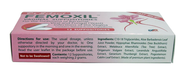 Dr. Schavit FEMOXIL Vaginal Suppositories - Natural Plant-Based Formula for the Treatment of Bacterial, Viral and Yeast Infection of the Vagina. Provides Fast Soothing Relief - Ph Balance and Health