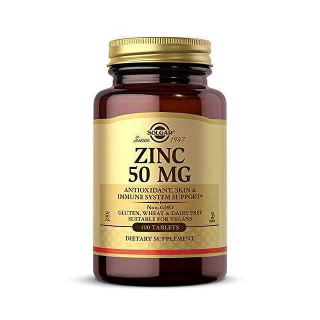 Solgar Zinc 50 Mg, 100 Tablets - Zinc for Healthy Skin, Taste & Vision - Immune System & Antioxidant Support - Supports Cell Growth & DNA Formation - Non GMO, Vegan, Gluten Free - 100 Servin