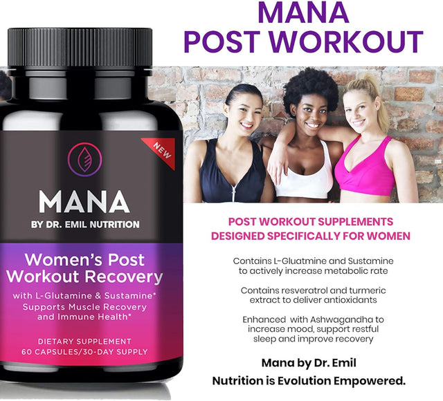 DR EMIL NUTRITION MANA Post-Workout Recovery Capsule for Women with L-Glutamine and Sustamine to Support Muscle Recovery & Immune Health, 30 Servings