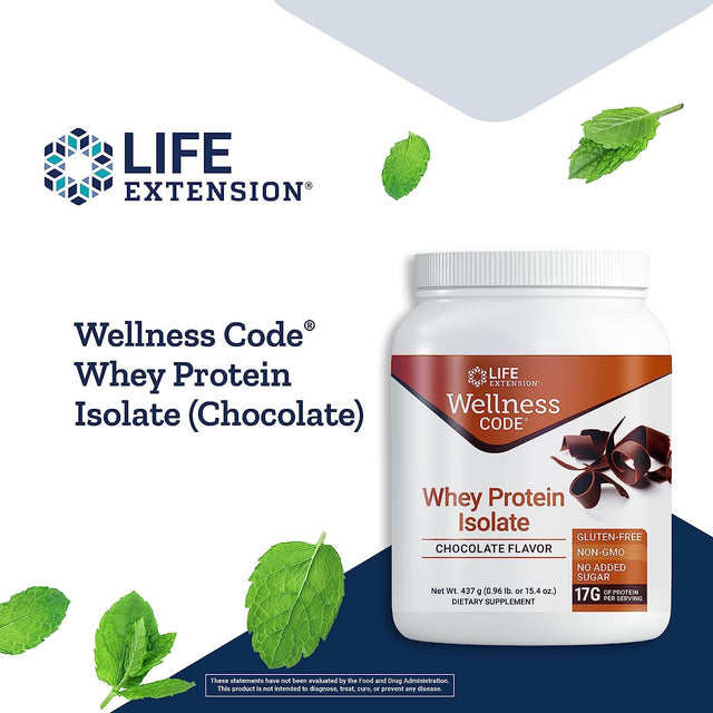 Life Extension Wellness Code Whey Protein Isolate Chocolate Supports Muscle Growth & Immune Health – Gluten-Free, Non-Gmo – No Added Sugar – 15.4 Oz