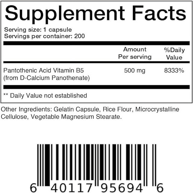 Balancebreens Pantothenic Acid 500 Mg - Vitamin B5 Supplement - 200 Capsules - Promotes Increased Energy Levels & Metabolism - Healthy Skin, Hair, and Eyes