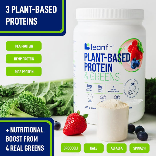 Leanfit Plant-Based Protein & Greens, Natural Berry, 20G Protein, 19 Servings, 1.25 Pound Tub