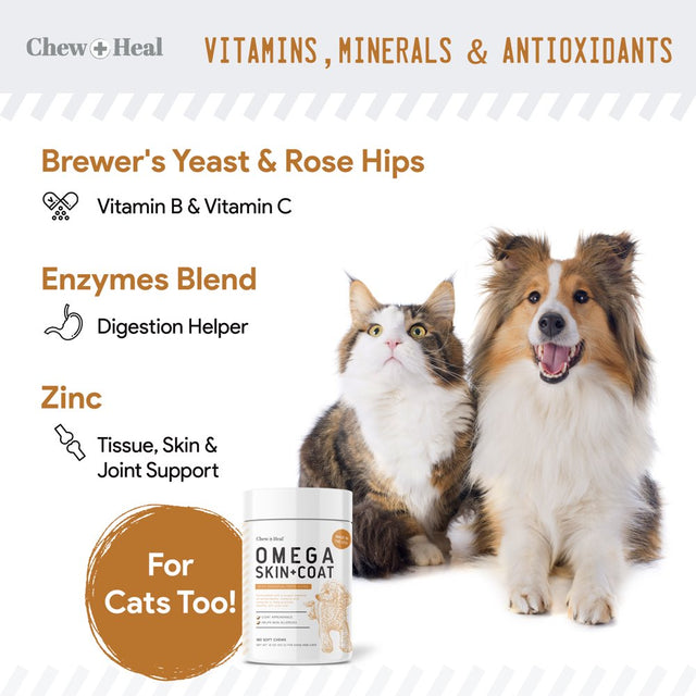 Chew + Heal Omega Skin and Coat Supplement - 180 Soft Chews - Salmon Fish Oil for Dogs and Cats