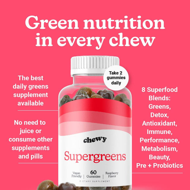 Supergreens Gummies by Chewy - 8 Greens Blend W/ Beetroot, Spirulina, Chlorella, Mushrooms, Pre & Probiotics, Veggies – Non-Gmo – Vegan Friendly – Gluten-Free - 60 Gummies