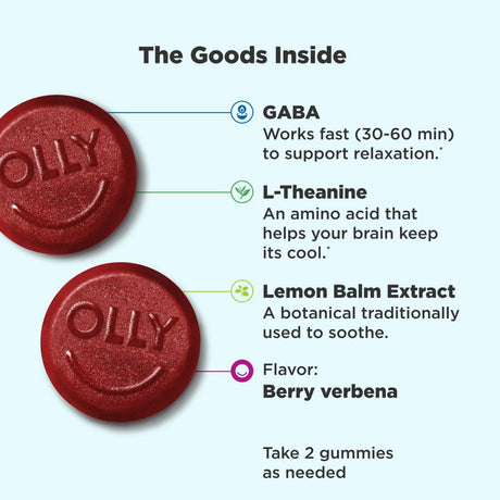 OLLY Goodbye Stress Gummy, GABA, L-Theanine, Lemon Balm, Chamomile, Berry, 42 Ct