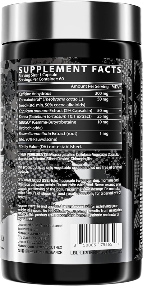 Nutrex Research Lipo-6 Hardcore Weight Loss Supplement, Appetite Suppressant, Diet Pills, Fat Burner Capsules – 60 Count (1)