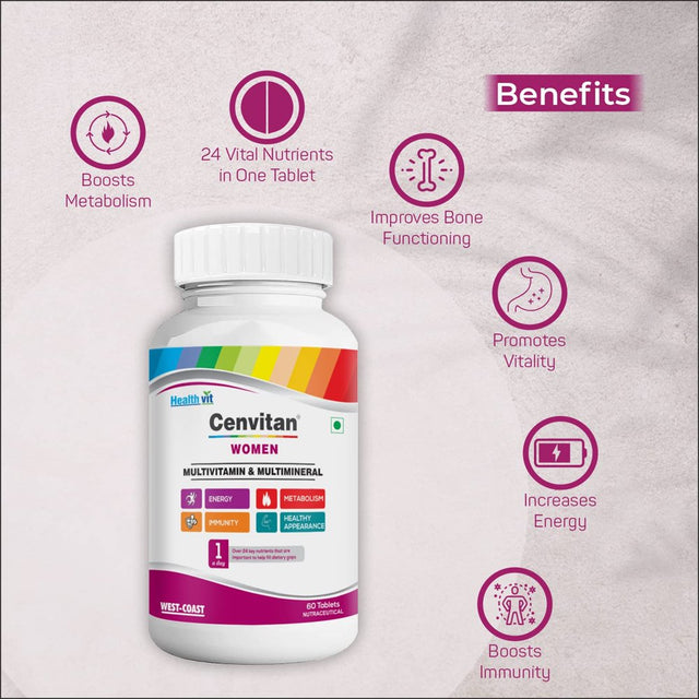 Healthvit Cenvitan Multivitamin for Women - 60 Tablets with 24 Nutrients (Vitamins and Minerals) | Anti-Oxidants, Energy, Metabolism, Immunity, Beauty and Healthy Appearance