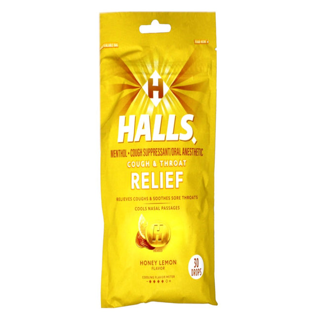 HALLS Relief Honey Lemon Flavor Cough Drops, 30 Drops per Pack ,90 Drops Total (3 Pack)