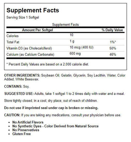 Nature Made Calcium 600 Mg with Vitamin D3 Softgels, Dietary Supplement, 100 Count