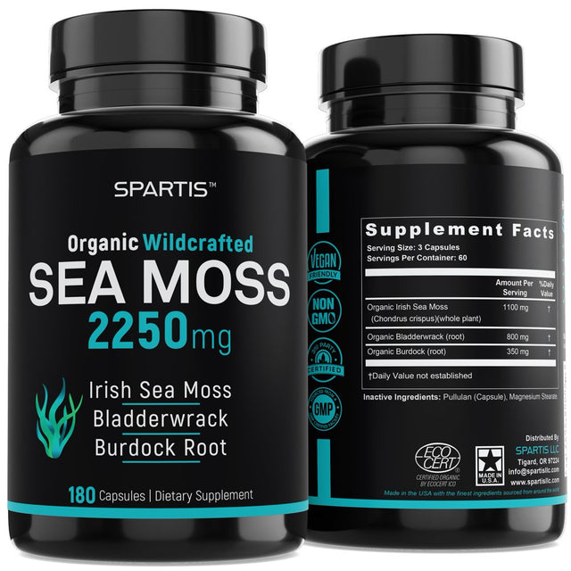 Organic Sea Moss Capsules 2250Mg Wildcrafted Irish Sea Moss Burdock Root Bladderwrack Supplement Super Food Immune Support Prebiotic Thyroid Gut Skin & Joint Health Raw Seamoss Pills & Powder 180Ct