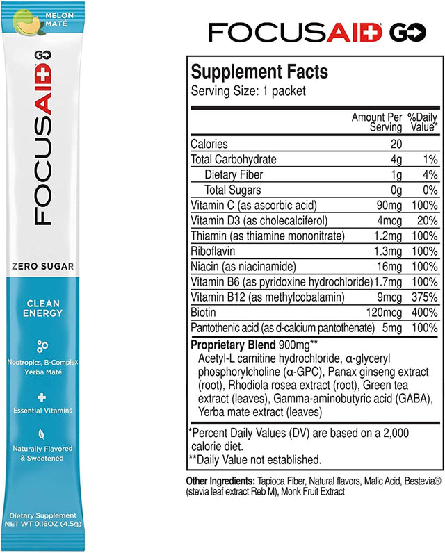 FOCUSAID GO Nootropics Energy Blend, Zero Sugar, Alpha-Gpc, GABA, B-Complex, Yerba Mate, Green Tea, Keto Friendly, 100Mg Natural Caffeine (Pack of 14)